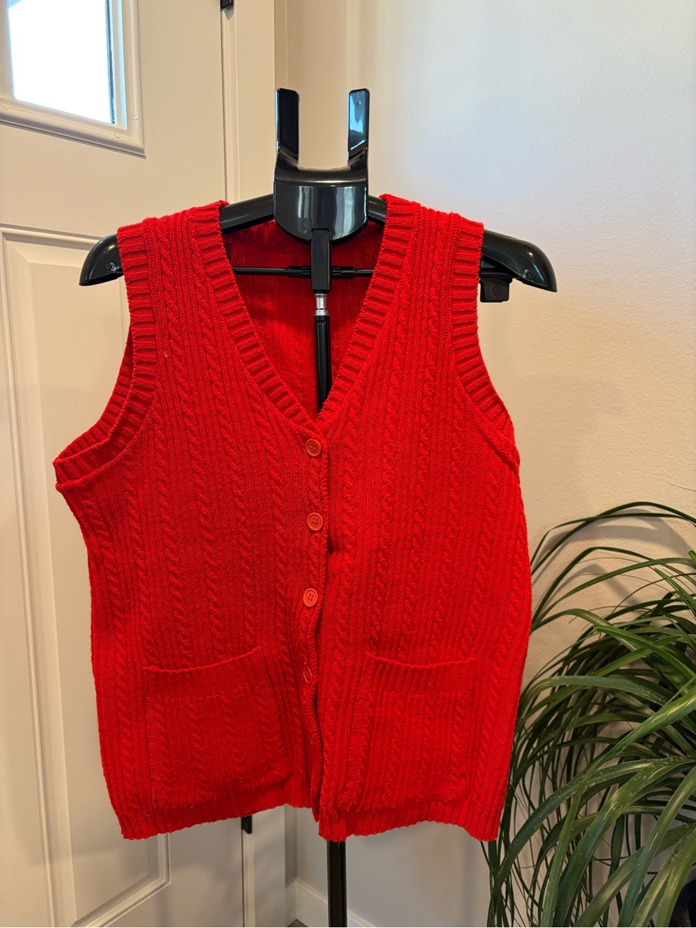 Classic Red Cable-Knit Button Front Sweater Vest
